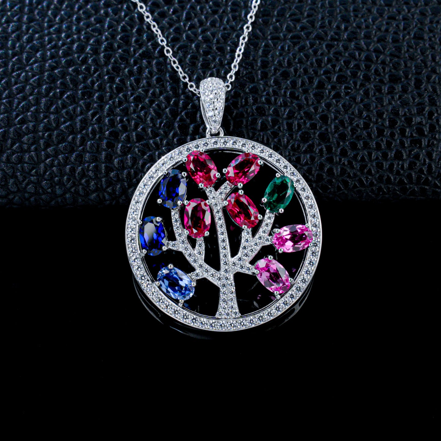 925 Sterling Silver Tree of Life Pendant Necklace, Multi-Color Lab Grown Gemstone Circle Necklace with Pave CZ
