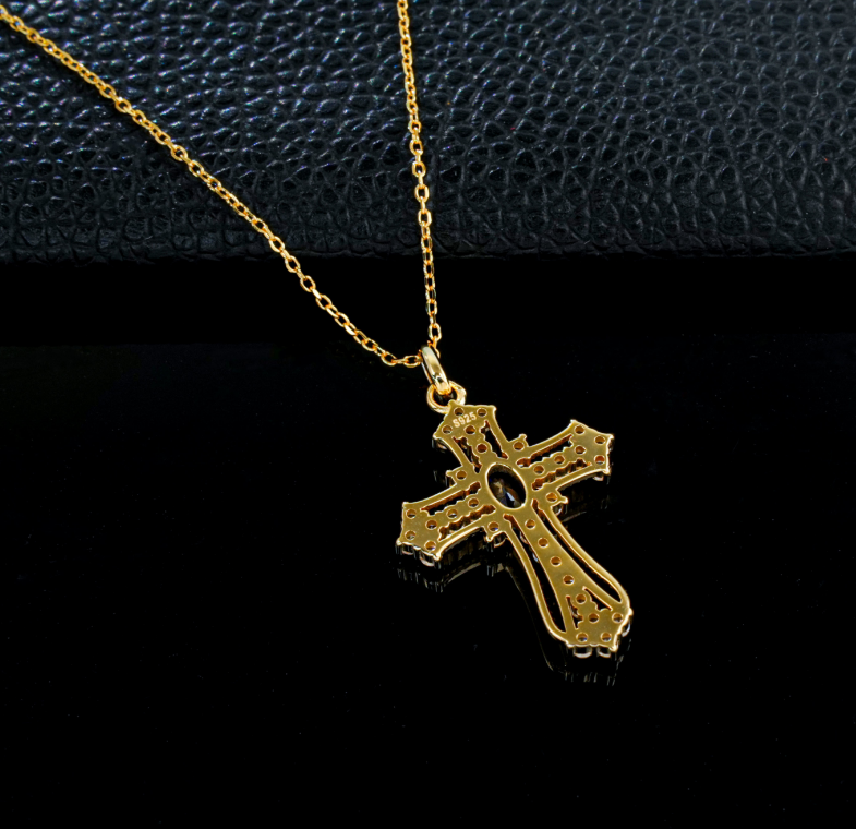 S925 Sterling Silver Lab Grown Blue Sapphire Vintage Cross Pendant Necklace