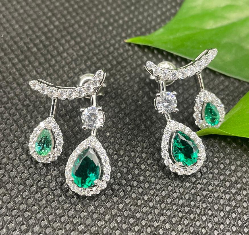 S925 Sterling Silver Emerald Pear Cut Front-Back Drop Earrings