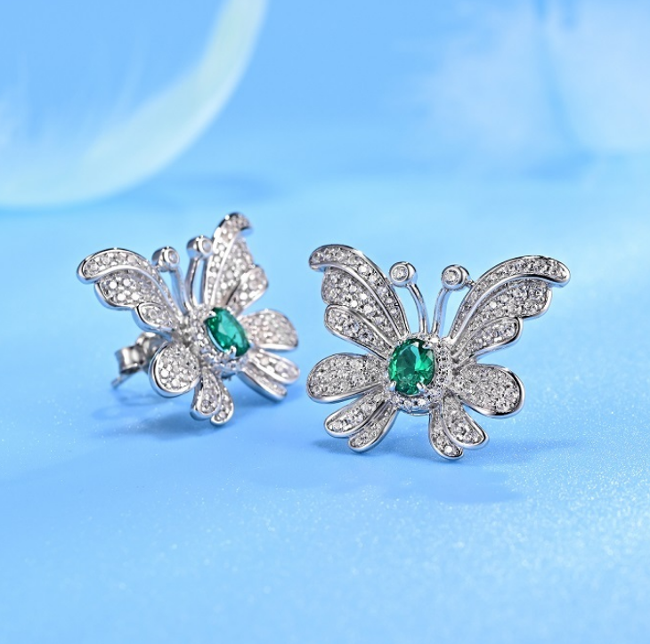 S925 Sterling Silver Emerald Butterfly Pavé Stud Earrings