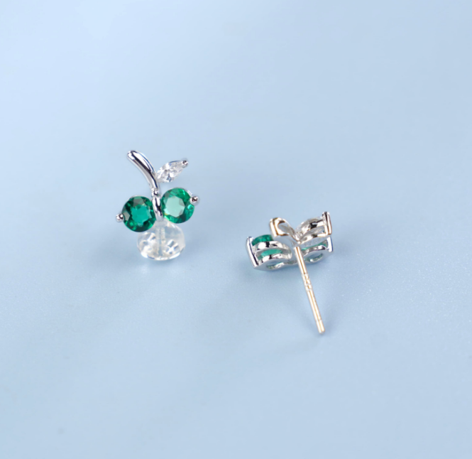 S925 Sterling Silver Emerald Cherry Stud Earrings, Silver Tone