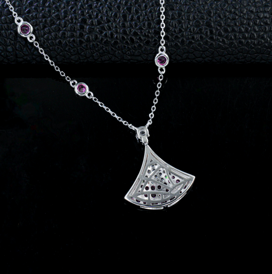 S925 Sterling Silver Lab Grown Padparadscha Sapphire Fan Shape Station Chain Necklace