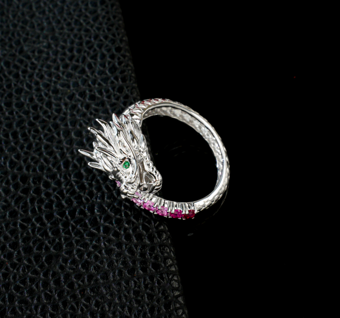 S925 Sterling Silver White Gold Plated 3D Sculpted Chinese Dragon Statement Ring