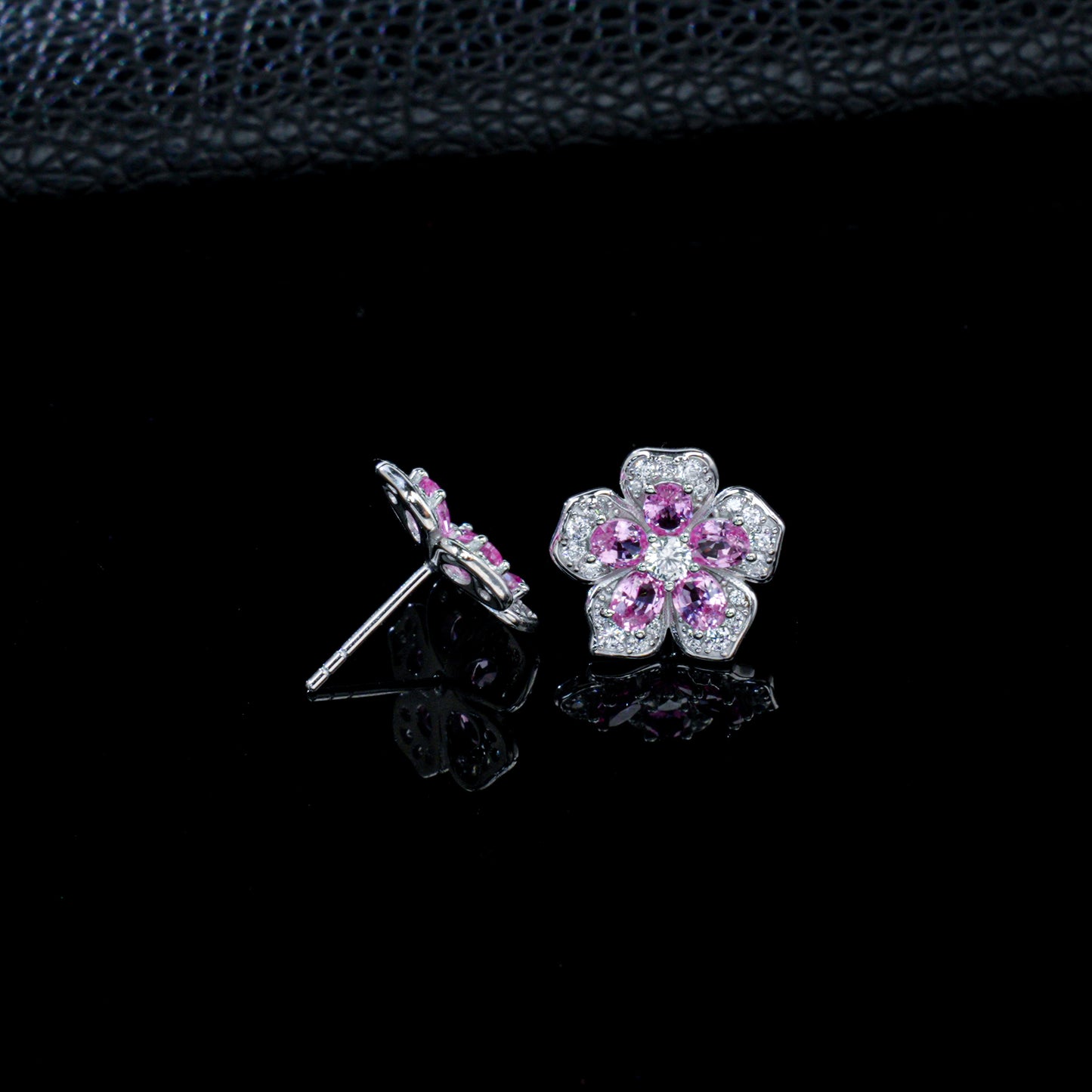 925 Sterling Silver Flower Stud Earrings, Oval Cut Lab Created Padparadscha Pink Sapphire Earrings with Pave CZ