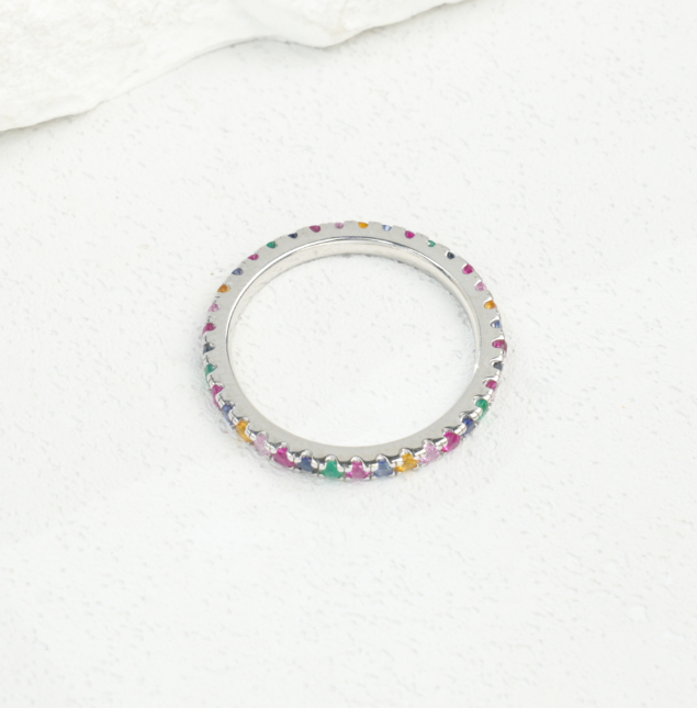 S925 Sterling Silver Rainbow Multicolored Gemstone Half Eternity Stackable Ring