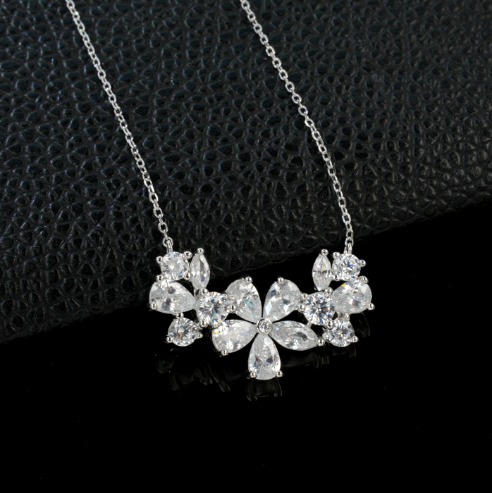 S925 Sterling Silver Clear Cubic Zirconia Flower Collar Necklace