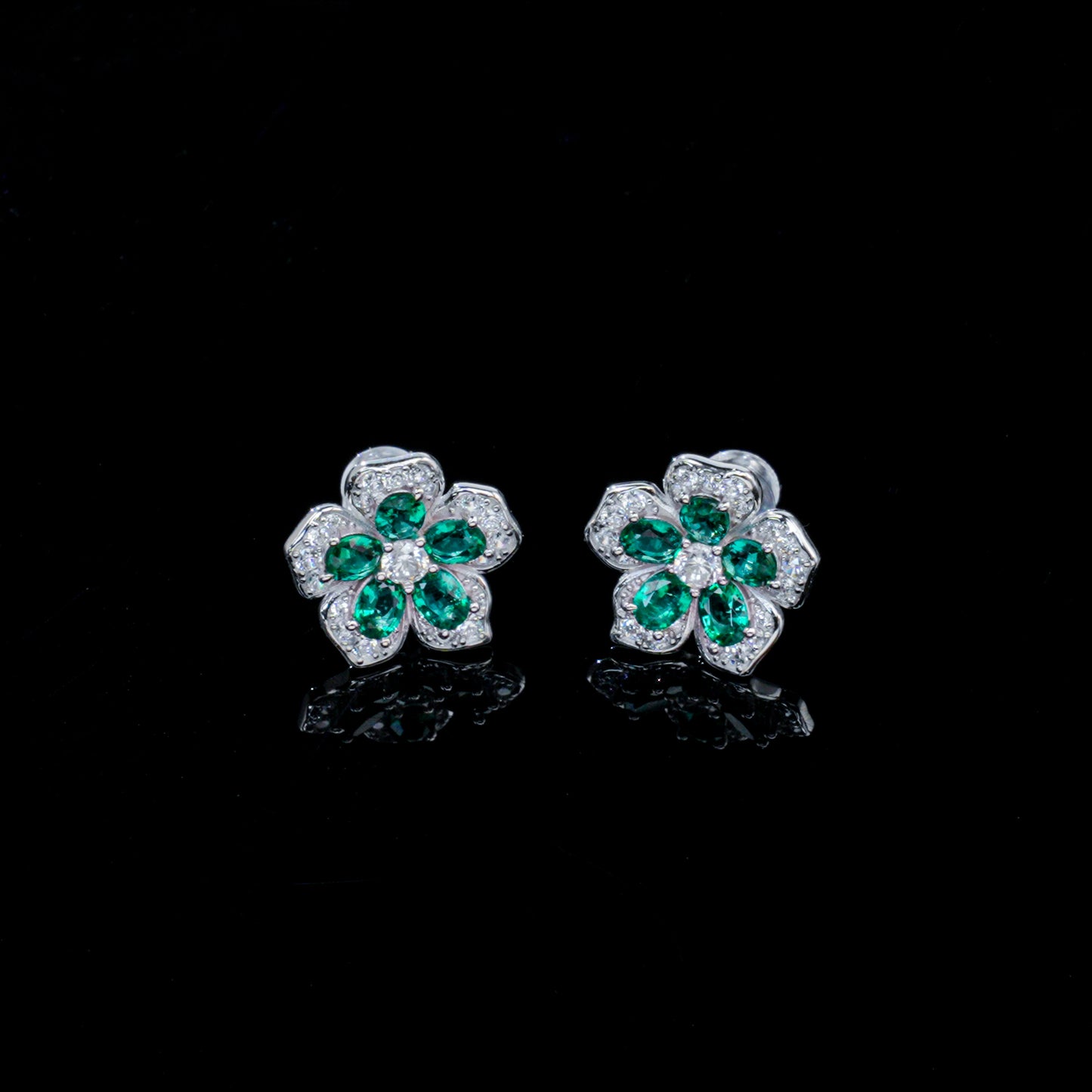 925 Sterling Silver Flower Stud Earrings, Oval Cut Lab Grown Emerald Earrings with Pave CZ
