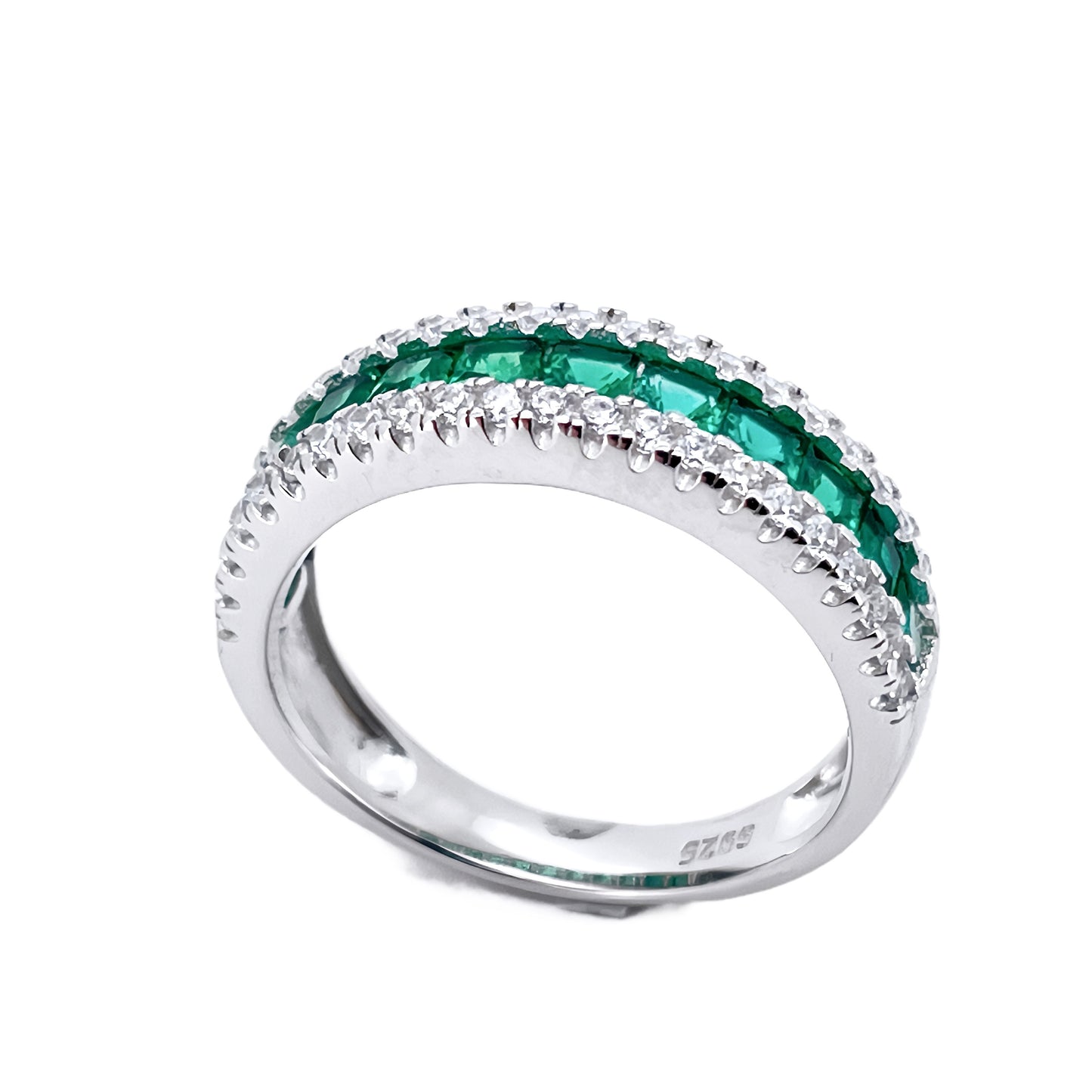 Lab Grown Emerald Half Eternity Band Ring, 925 Sterling Silver Princess Cut Channel Set Stackable Ring