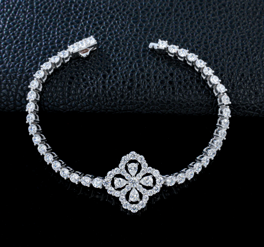 S925 Sterling Silver Four Leaf Clover Cubic Zirconia Tennis Bracelet