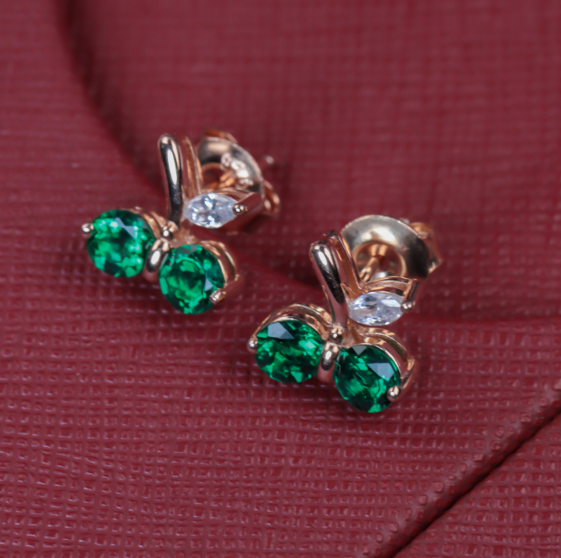 S925 Sterling Silver Rose Gold Plated Emerald Cherry Stud Earrings
