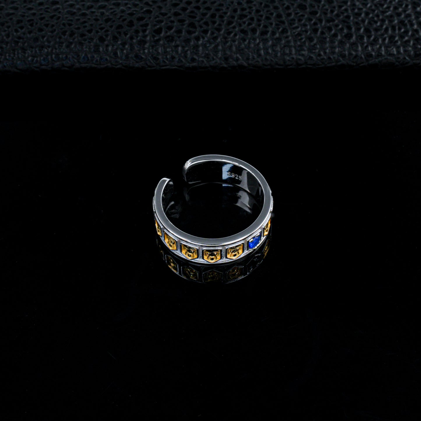 925 Sterling Silver Two-Tone Open Ring, Round Lab Grown Blue Sapphire Adjustable Band Ring with Carved Details