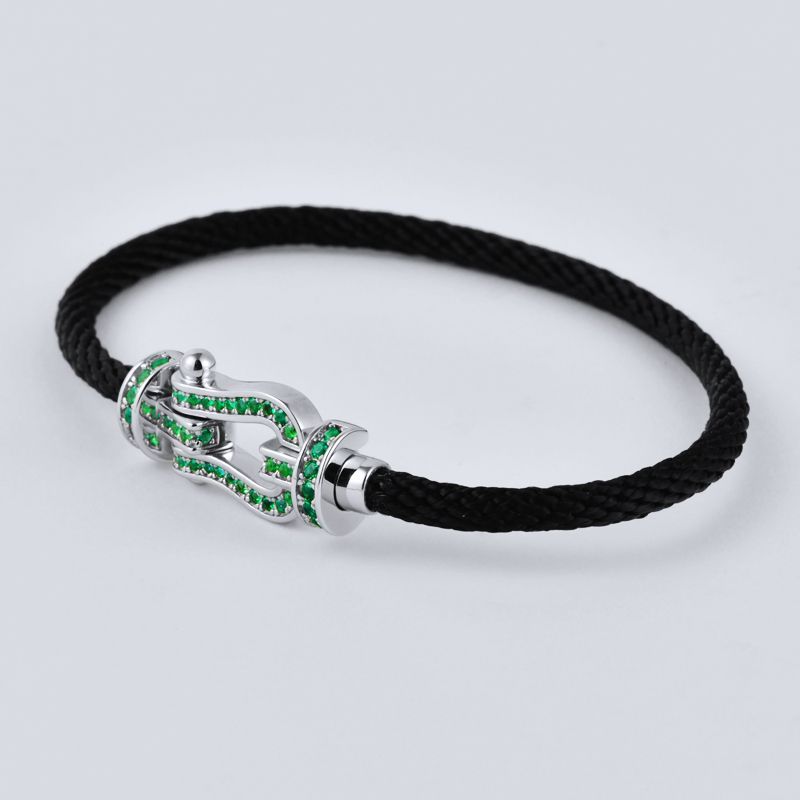 Lab Grown Emerald Black Cord Bracelet, 925 Sterling Silver Horsebit Buckle Rope Bracelet, 1ct Green Stones