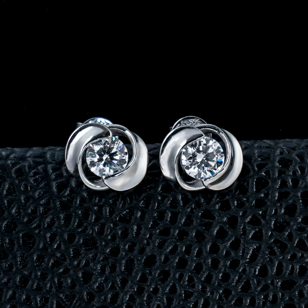 925 Sterling Silver Rose Flower Lab Grown Diamond Stud Earrings, Round Solitaire Diamond Earrings