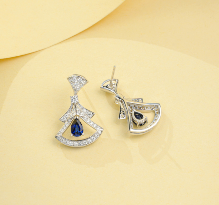 S925 Sterling Silver Lab Grown Blue Sapphire Pear Cut Skirt Shape Stud Earrings