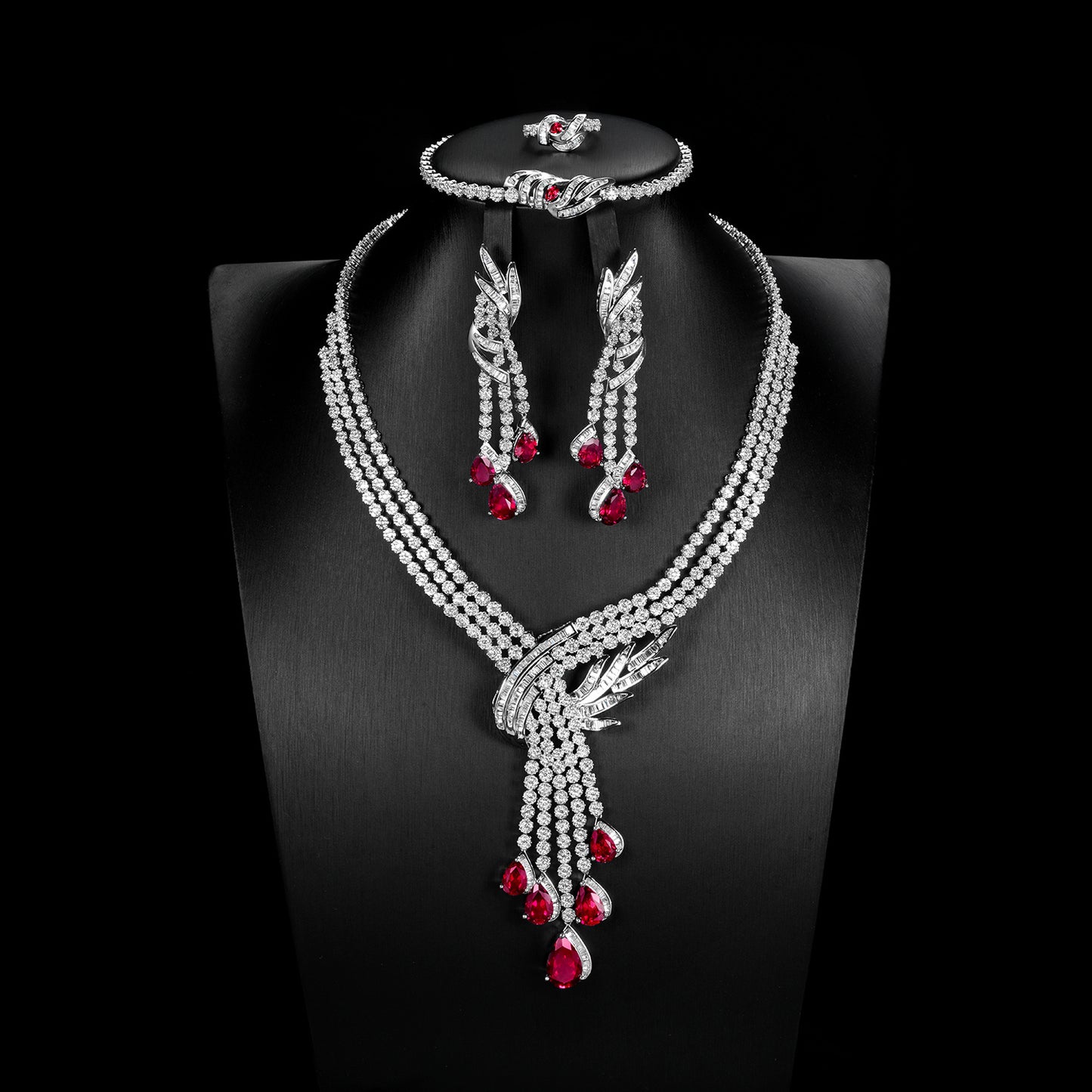 4-Piece Lab Grown Ruby Statement Jewelry Set, 925 Sterling Silver Pave Bridal Necklace Set,Luxury Teardrop,Formal Evening & Wedding Set