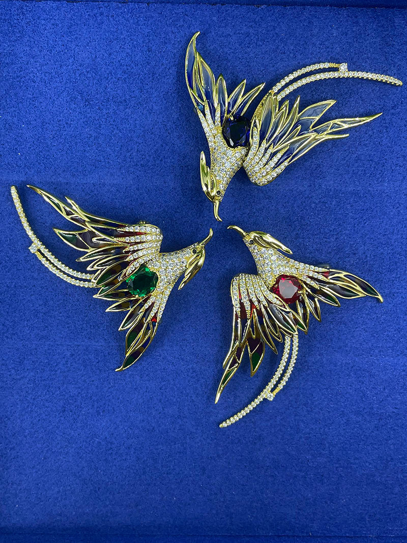 Lab Grown Blue Sapphire Phoenix Brooch Pin, 925 Sterling Silver Enamel Bird Statement Brooch, 3.05ct