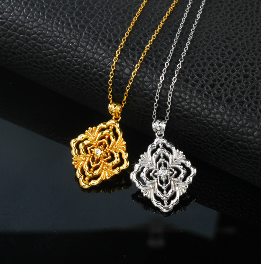 S925 Sterling Silver K Gold Plated Vintage Filigree Floral Openwork Pendant Necklace