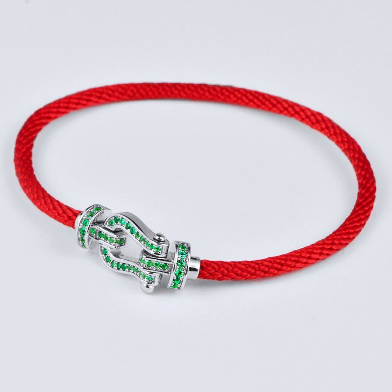 Lab Grown Emerald Red String Bracelet, 925 Sterling Silver Horsebit Buckle Lucky Rope Bracelet, 1ct