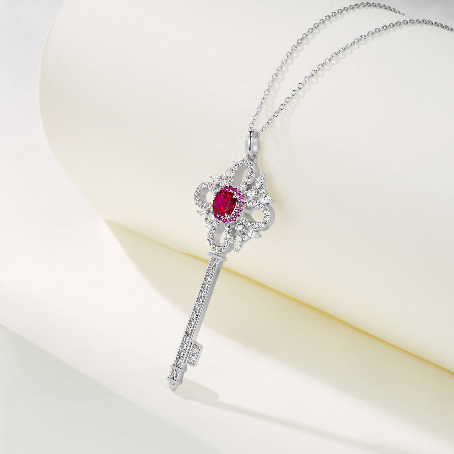 925 Sterling Silver Lab-Grown Ruby Key Pendant Necklace | Vintage Halo Key Charm Necklace