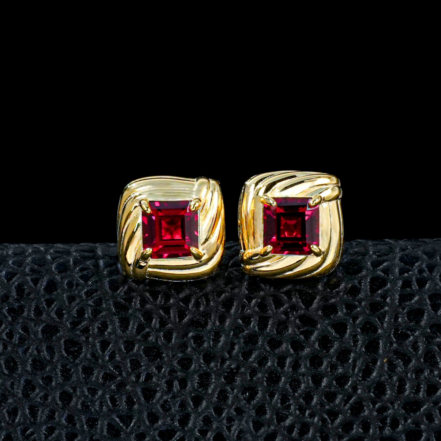925 Sterling Silver Gold-Plated Square Twist Earrings | 5mm Princess Cut Lab-Grown Ruby Stud Earrings