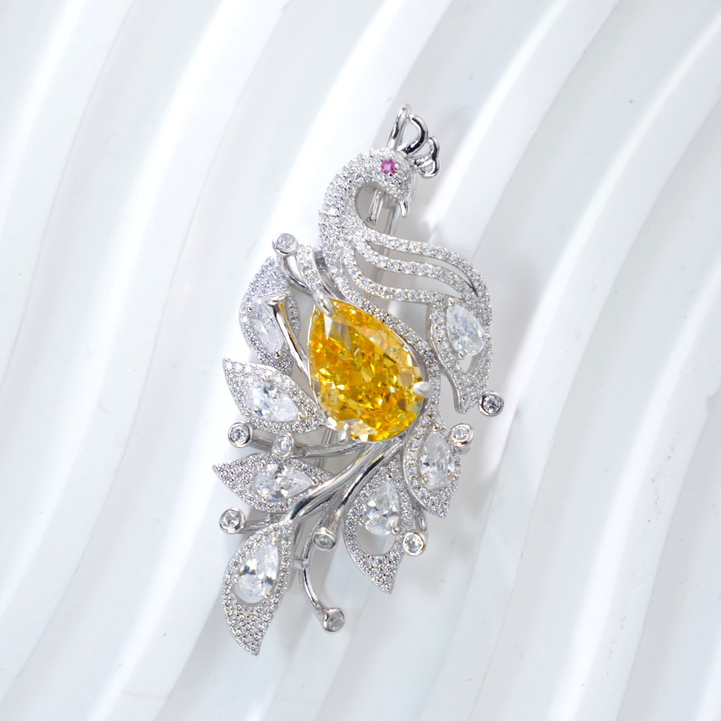 Peacock Brooch Pin with Yellow Cubic Zirconia, 925 Sterling Silver CZ Statement Bird Brooch for Women