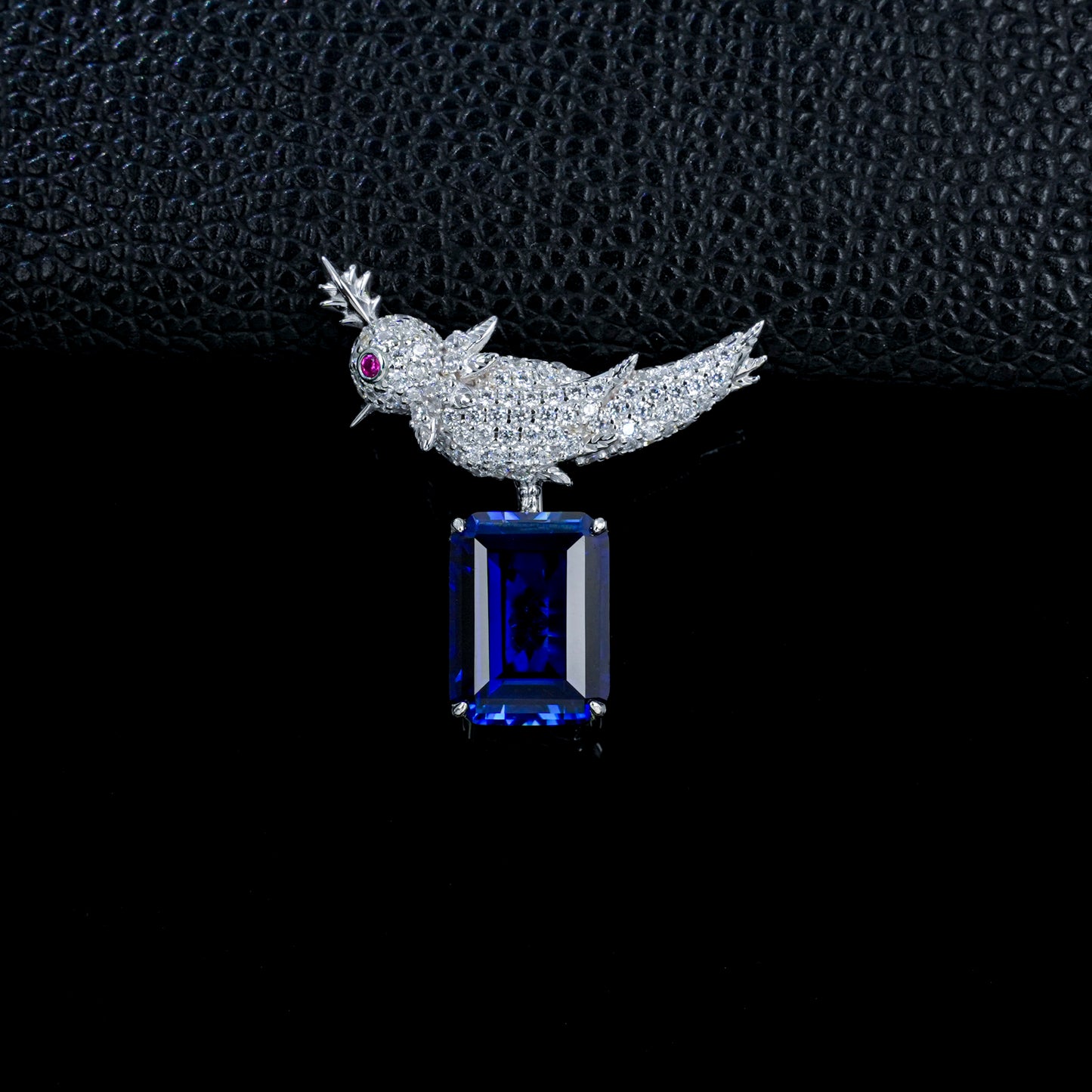 925 Sterling Silver Bird Brooch Pin, Emerald Cut Lab Grown Blue Sapphire Statement Brooch with Pave Zircon