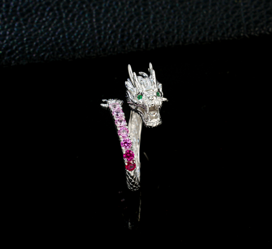 S925 Sterling Silver White Gold Plated 3D Sculpted Chinese Dragon Statement Ring