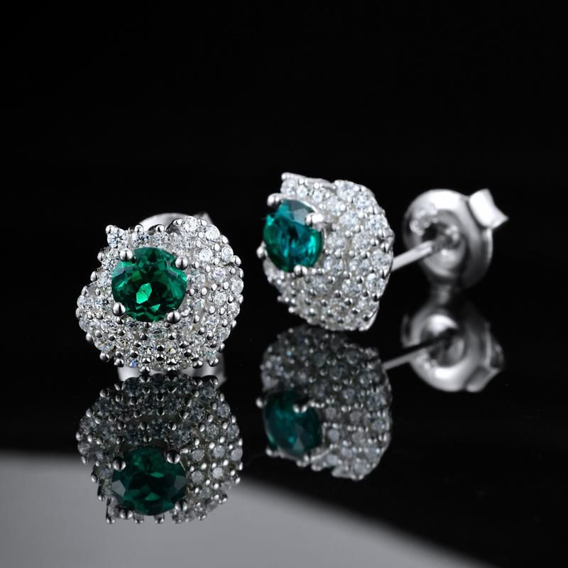 925 Sterling Silver Lab-Grown Emerald Halo Stud Earrings | Classic Cluster Green Gemstone Earrings