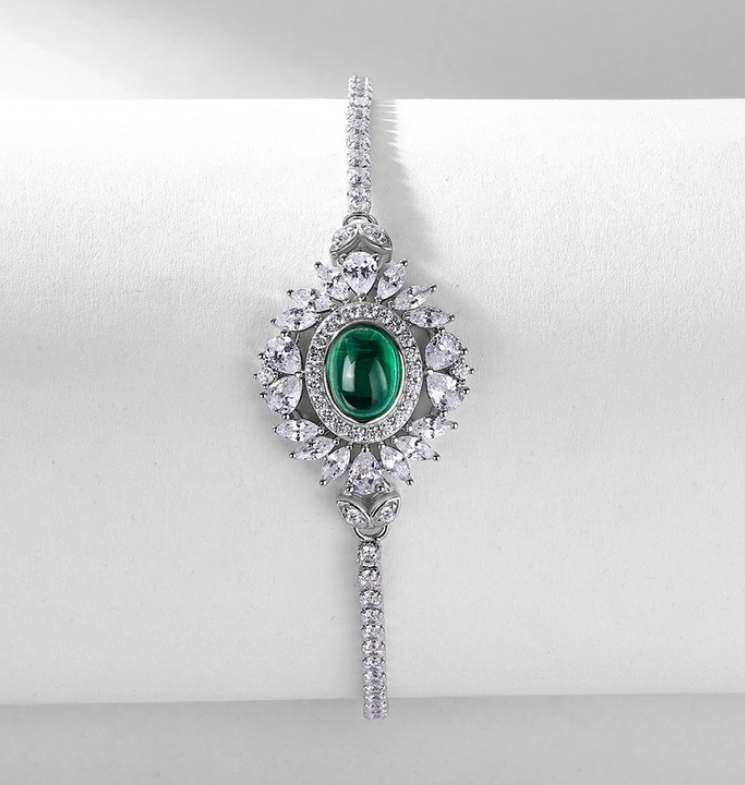 S925 Sterling Silver Emerald Cabochon Vintage Starburst Adjustable Bracelet