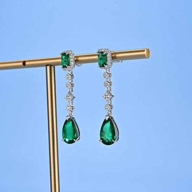925 Sterling Silver Lab-Grown Emerald Drop Earrings | Emerald Cut & Pear Shape Dangle Earrings