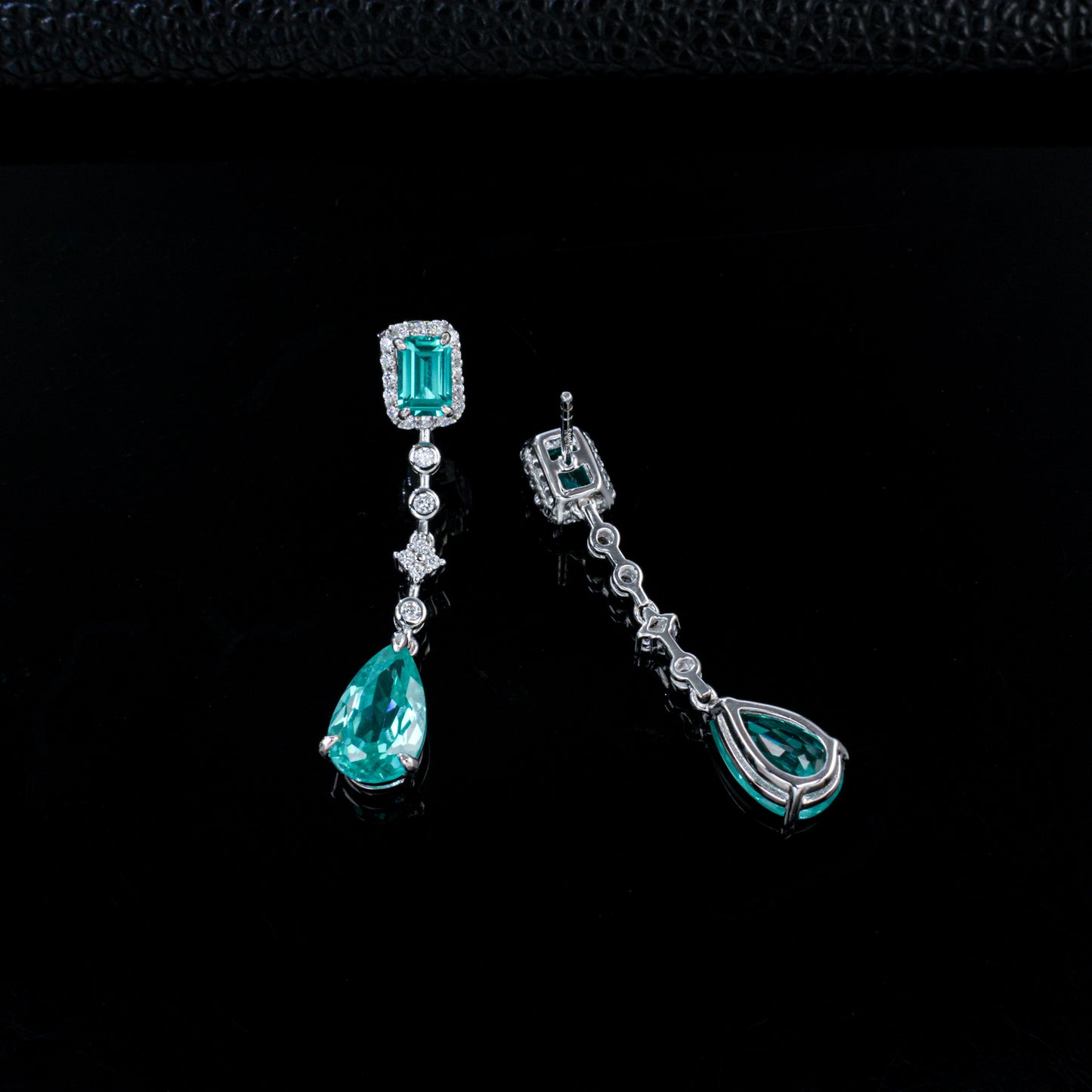 925 Sterling Silver Lab-Grown Paraiba-Color Green Garnet Drop Earrings | Emerald Cut & Pear Shape Dangle Earrings