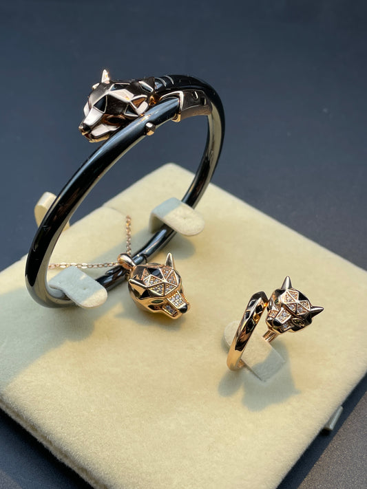 925 Sterling Silver Panther Head Nano Ceramic Jewelry 3-Piece Set Rose Gold