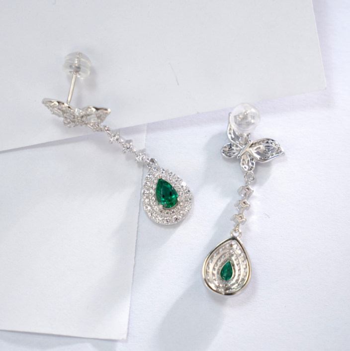 S925 Sterling Silver Butterfly Emerald Pear Cut Drop Dangle Earrings