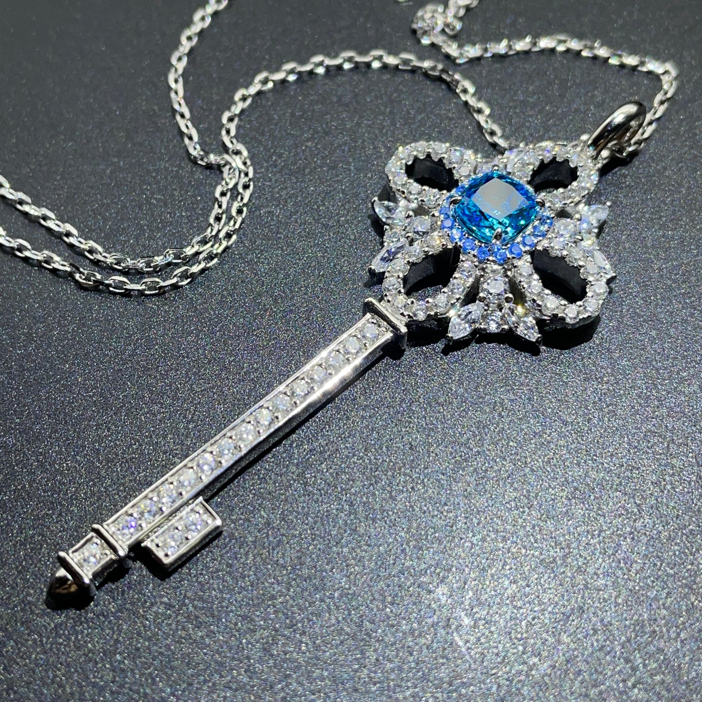925 Sterling Silver Blue Cubic Zirconia Key Pendant Necklace | Vintage Halo Key Charm Necklace
