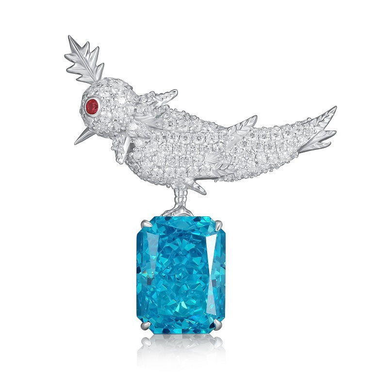 925 Sterling Silver Cubic Zirconia Bird Brooch, Radiant Cut Colored Stone Statement Lapel Pin