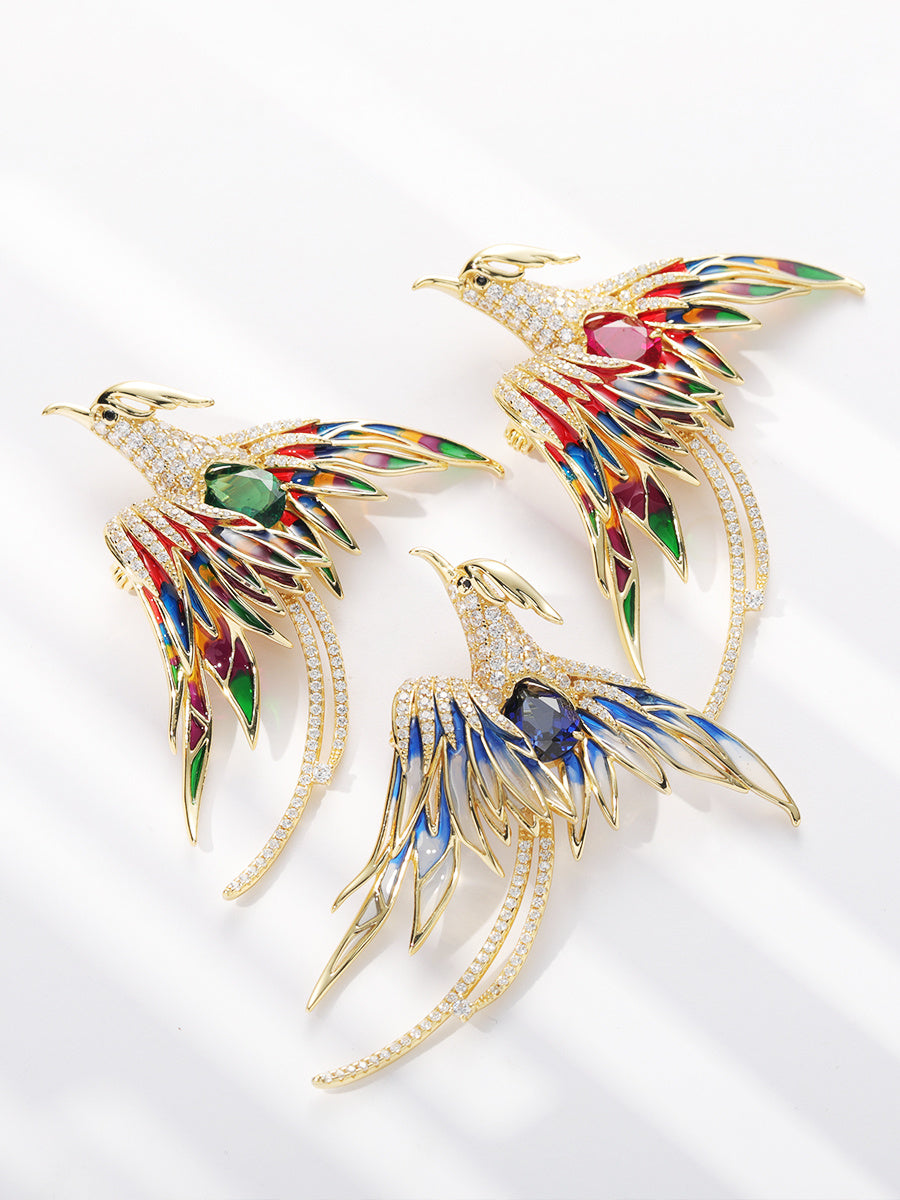 Lab Grown Emerald Phoenix Brooch, 925 Sterling Silver Multicolor Enamel Bird Pin, 2.01ct