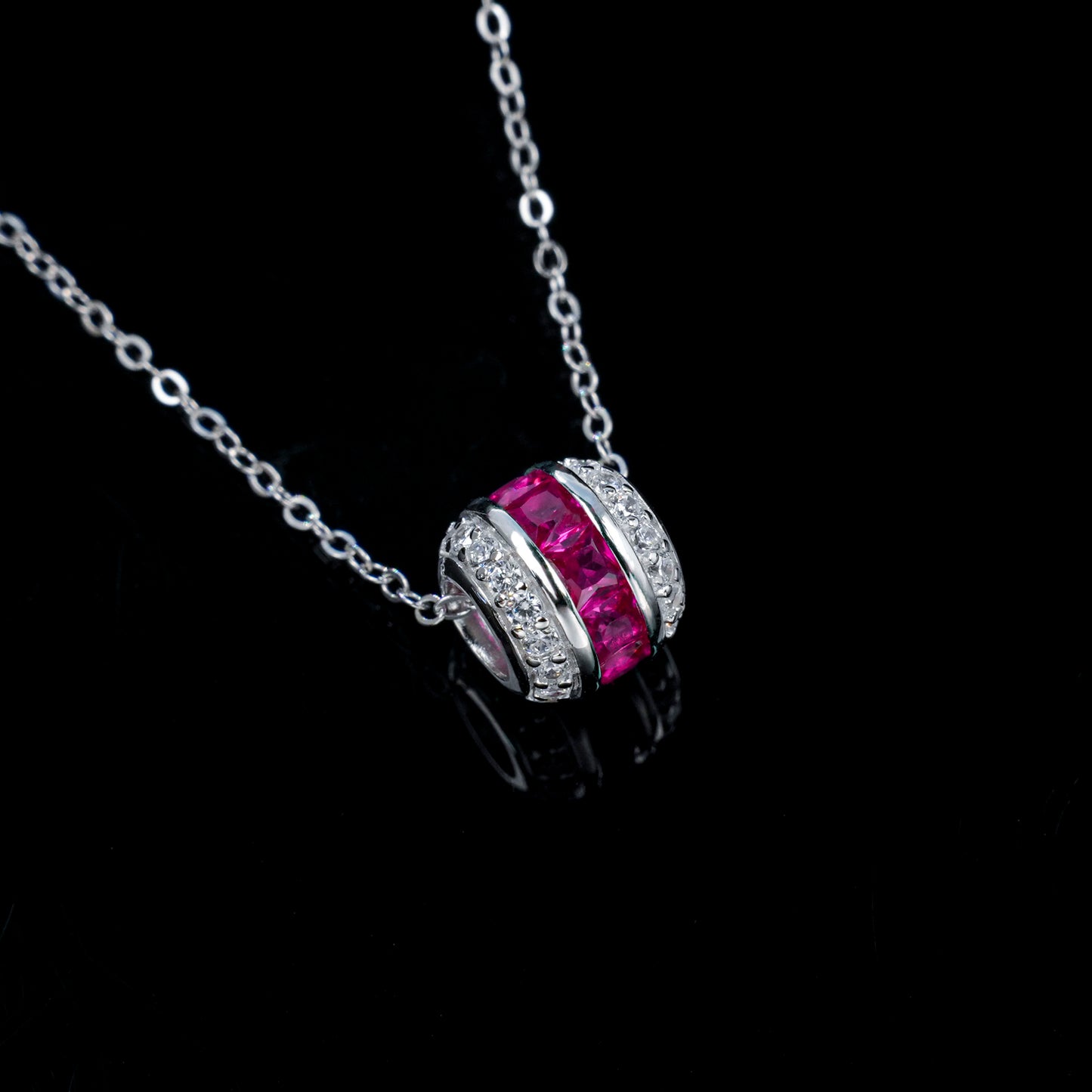 925 Sterling Silver Lab Grown Ruby Barrel Pendant Necklace - Pave Cylinder Dainty Necklace