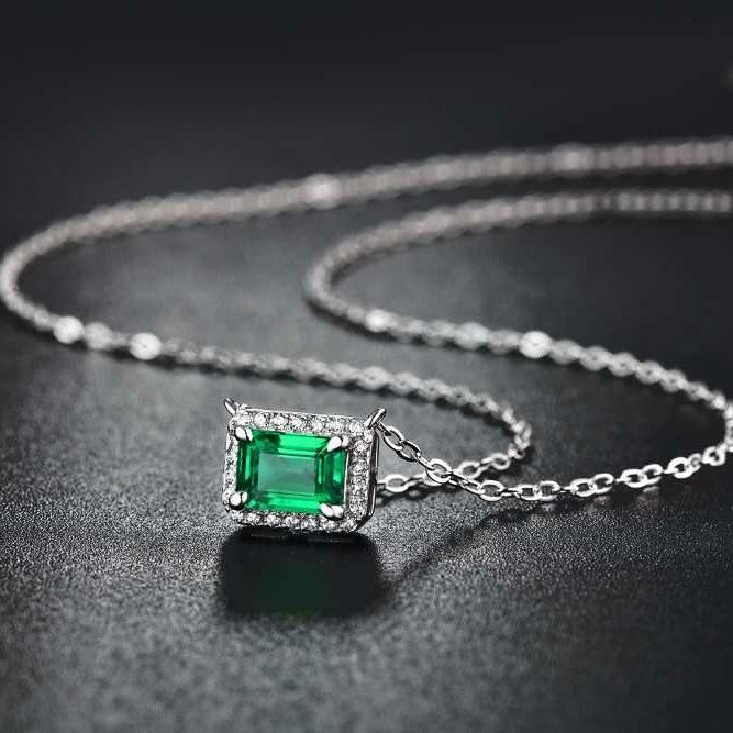 0.9CT Lab Grown Emerald Cut Halo Pendant Necklace, 925 Sterling Silver Green Gemstone Necklace