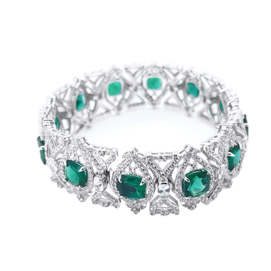 Lab Grown Emerald Art Deco Statement Bracelet, S925 Sterling Silver Heavy Green Gemstone Bangle