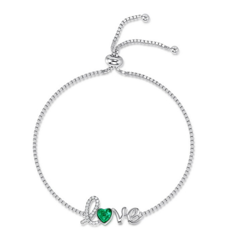 S925 Sterling Silver Heart Emerald LOVE Letter Adjustable Bracelet