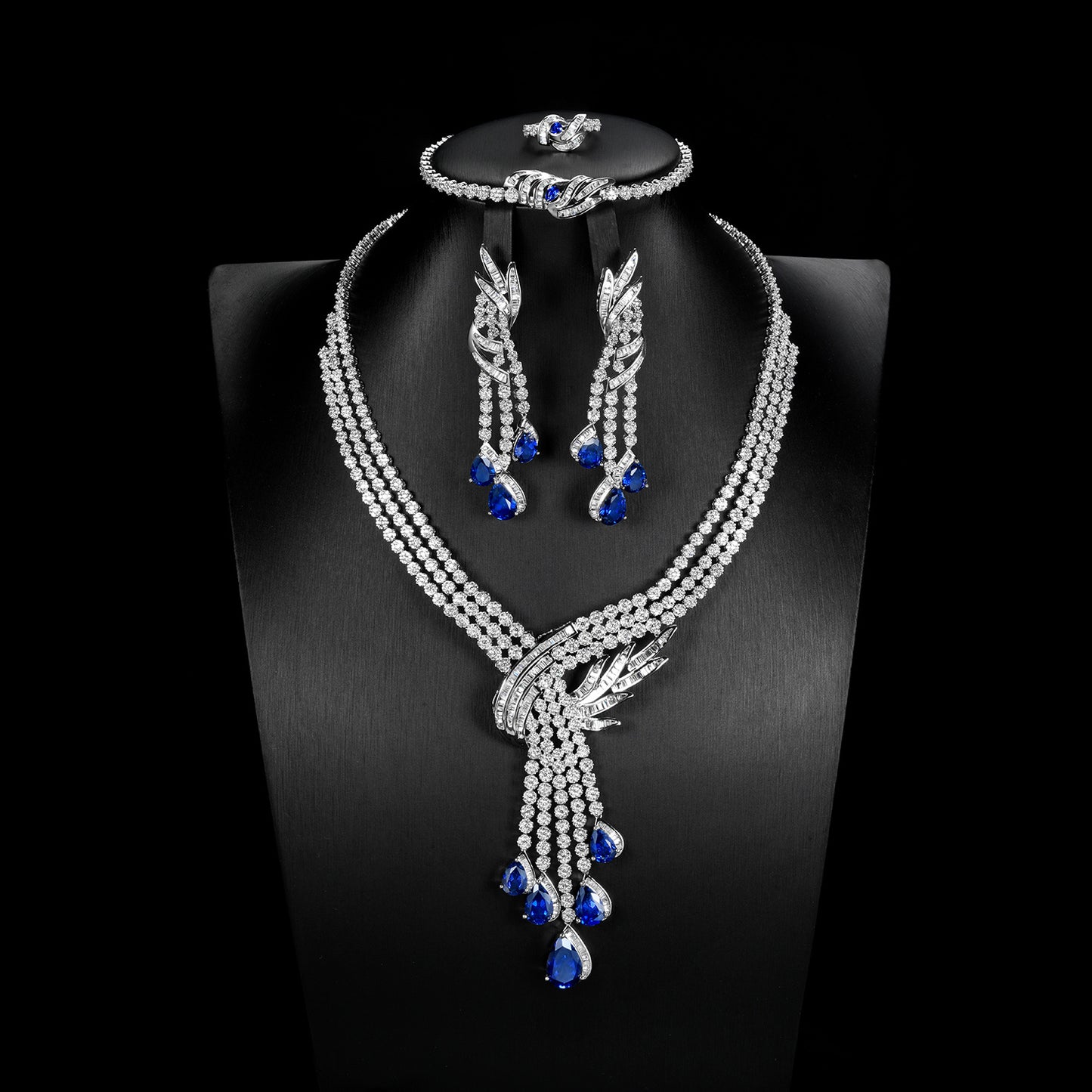 4-Piece Lab Grown Sapphire Statement Jewelry Set, 925 Sterling Silver Pave Bridal Necklace Set, Luxury Teardrop, Formal Evening & Wedding Set