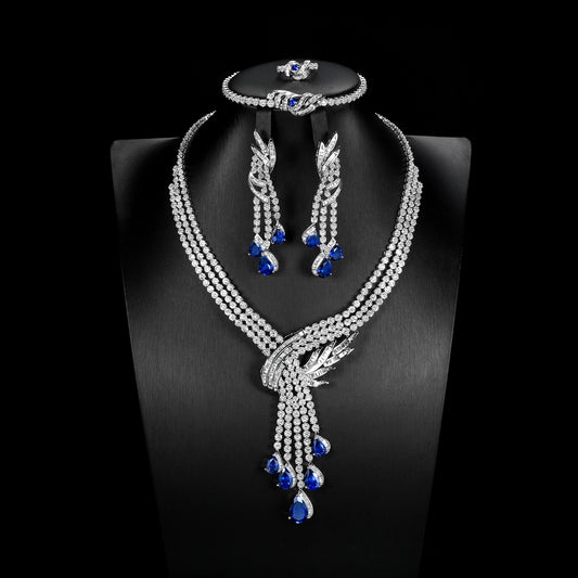 4-Piece Lab Grown Sapphire Statement Jewelry Set, 925 Sterling Silver Pave Bridal Necklace Set, Luxury Teardrop, Formal Evening & Wedding Set