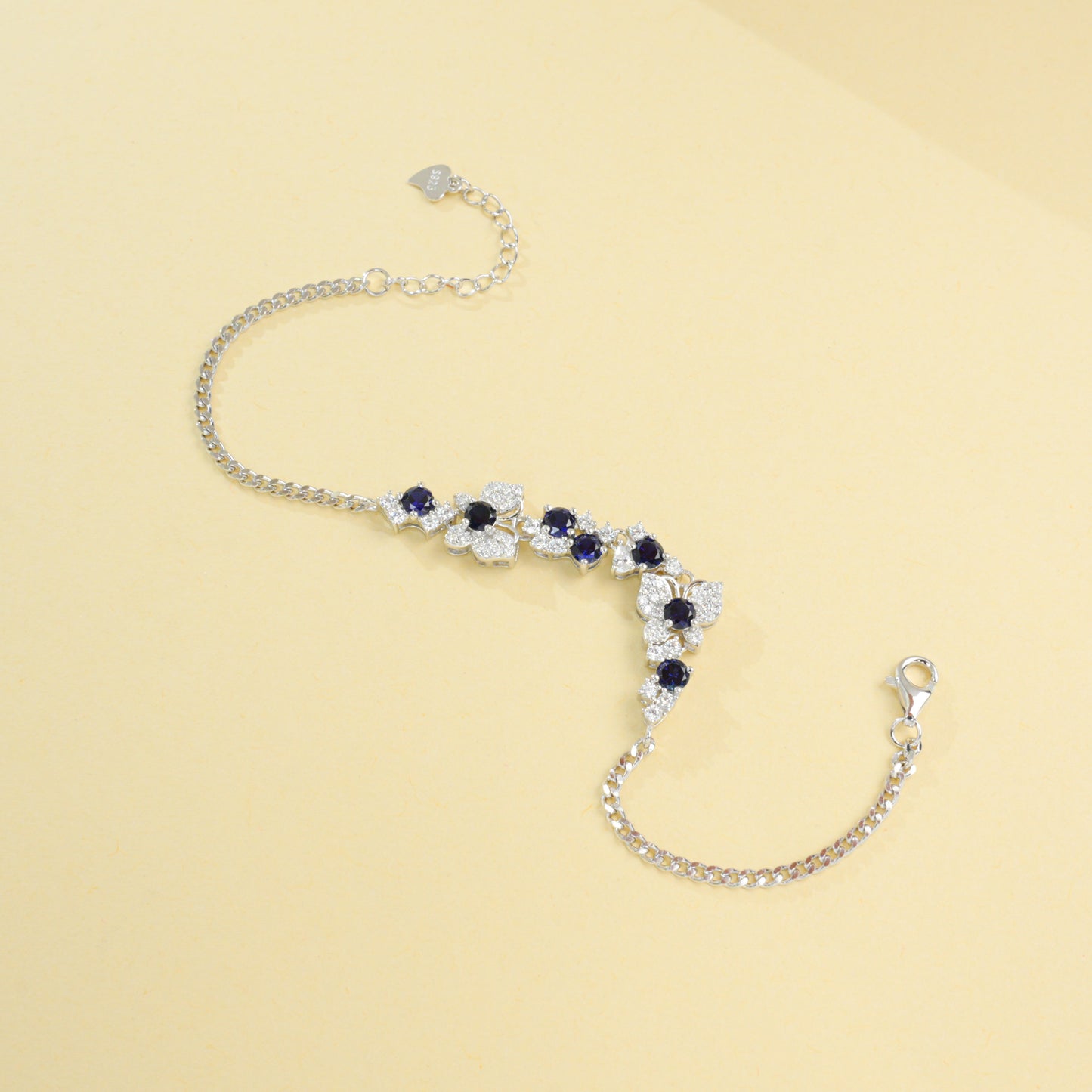 Lab Created Blue Sapphire Floral Cluster Bracelet, 925 Sterling Silver 1.49ct Green Gemstone Station Bracelet, 7 Stones