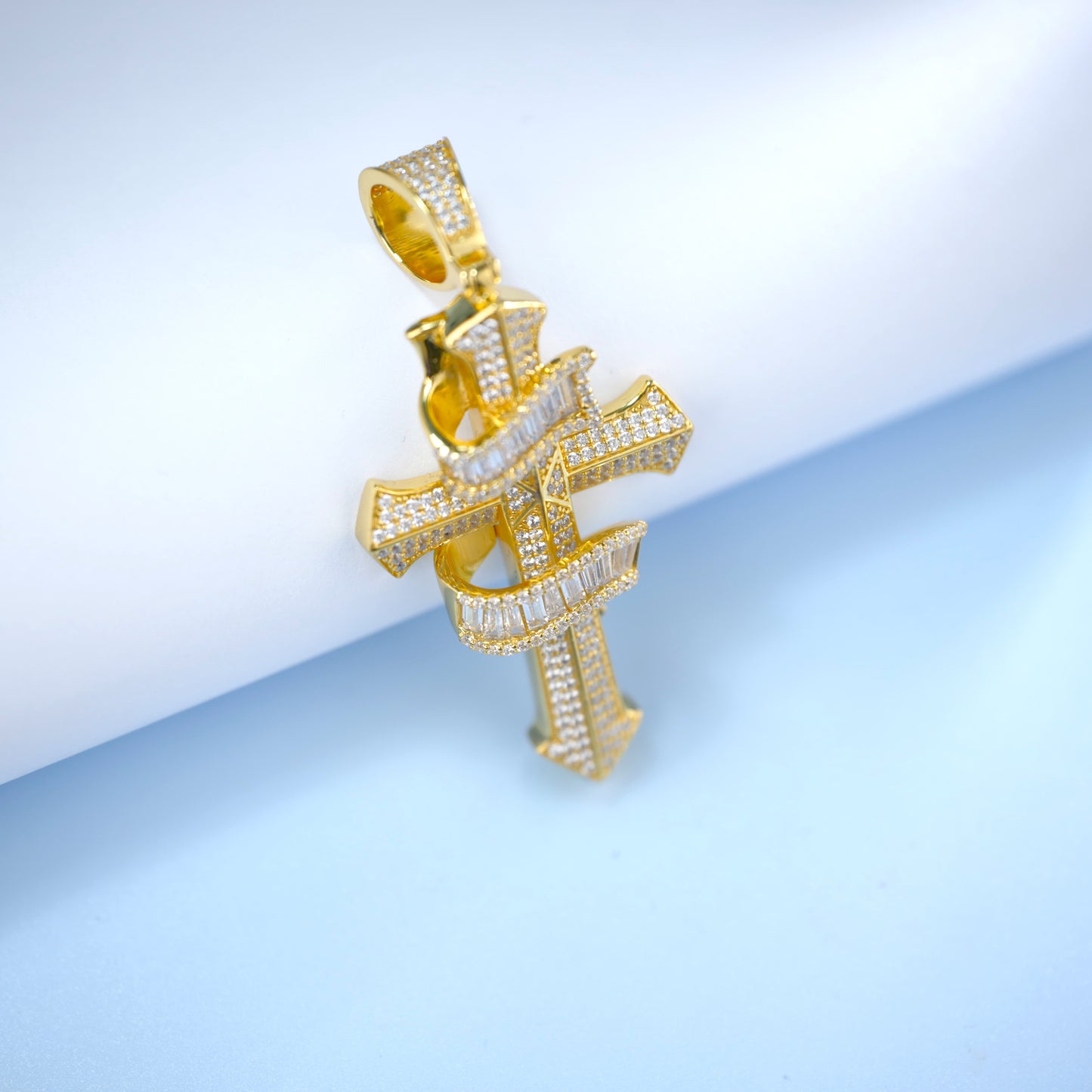 Iced Out Double Cross Pendant, Gold Plated 925 Sterling Silver Baguette Cut Hip Hop Charm