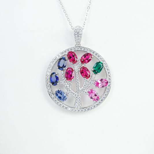 925 Sterling Silver Tree of Life Pendant Necklace, Multi-Color Lab Grown Gemstone Circle Necklace with Pave CZ