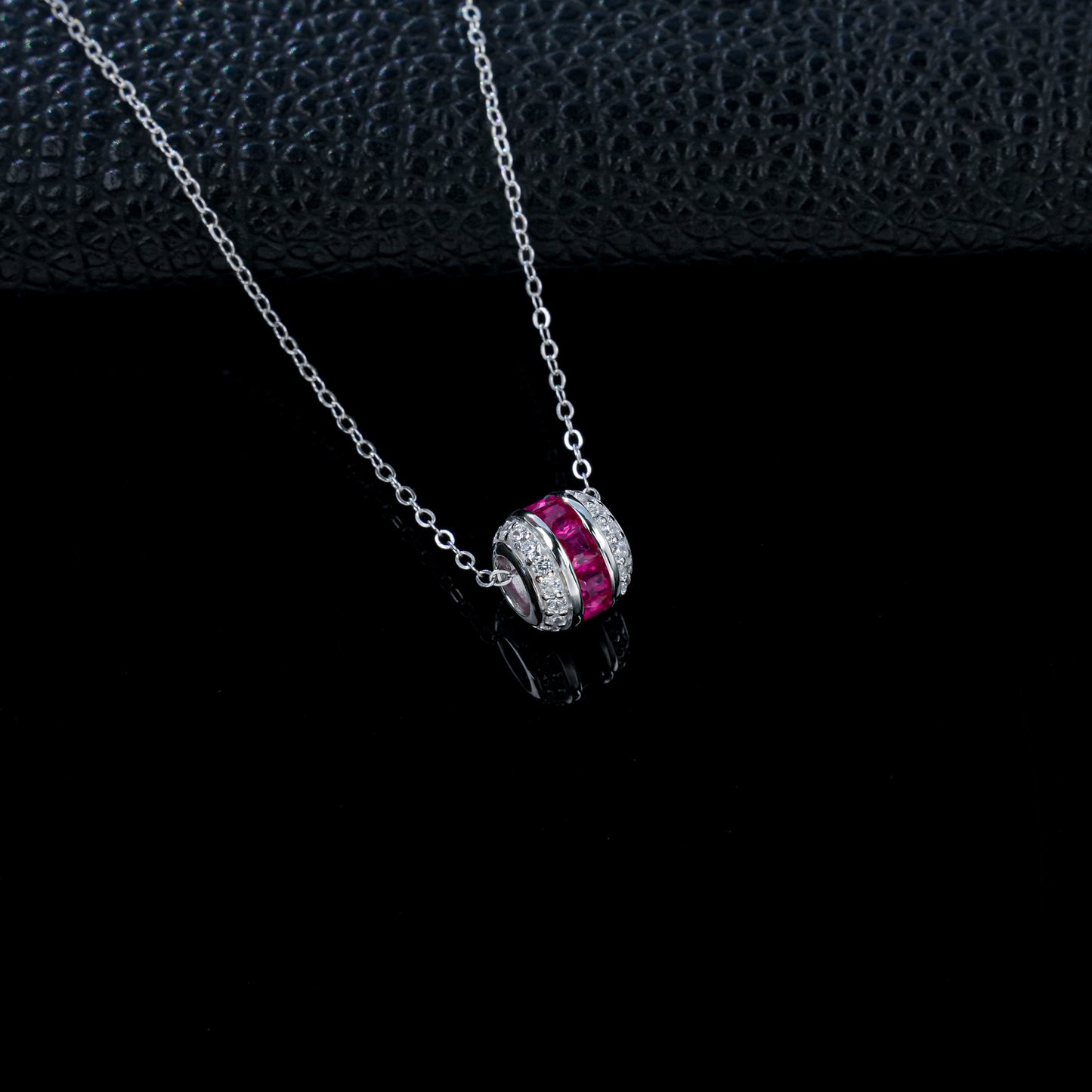 925 Sterling Silver Lab Grown Ruby Barrel Pendant Necklace - Pave Cylinder Dainty Necklace