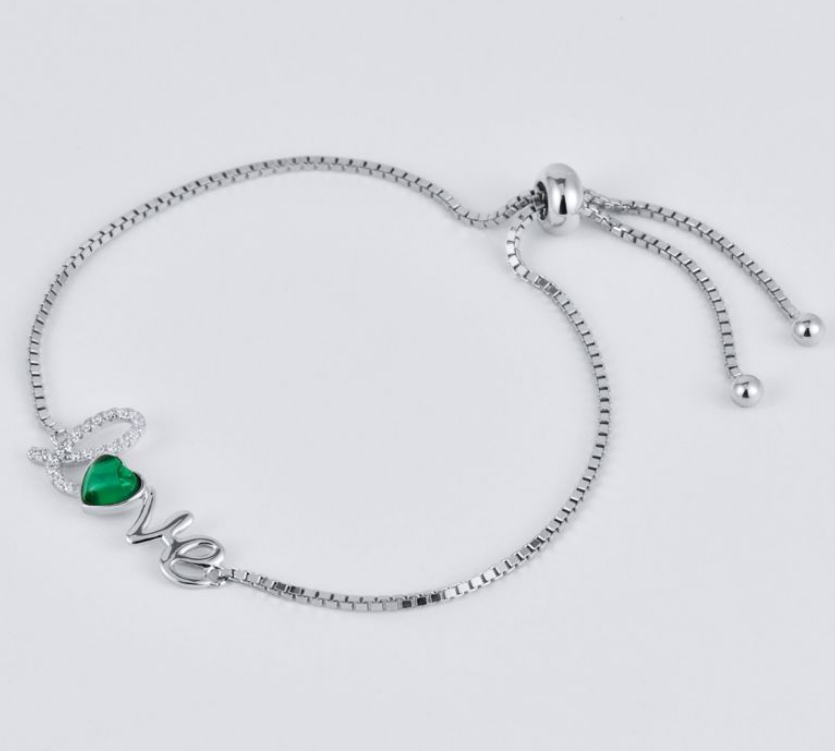 S925 Sterling Silver Heart Emerald LOVE Letter Adjustable Bracelet