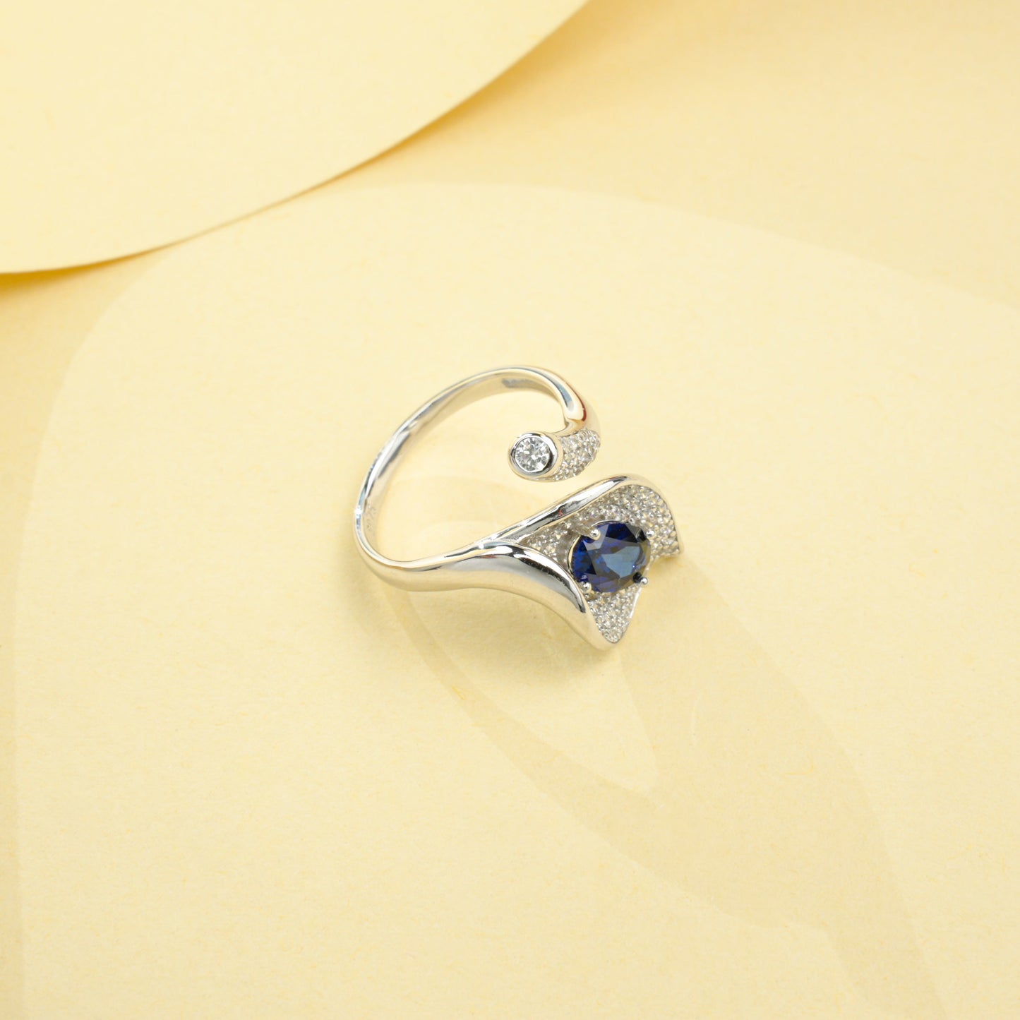 925 Sterling Silver Bypass Open Ring, 1.04ct Oval Lab Grown Blue Sapphire Adjustable Ring with Pave CZ