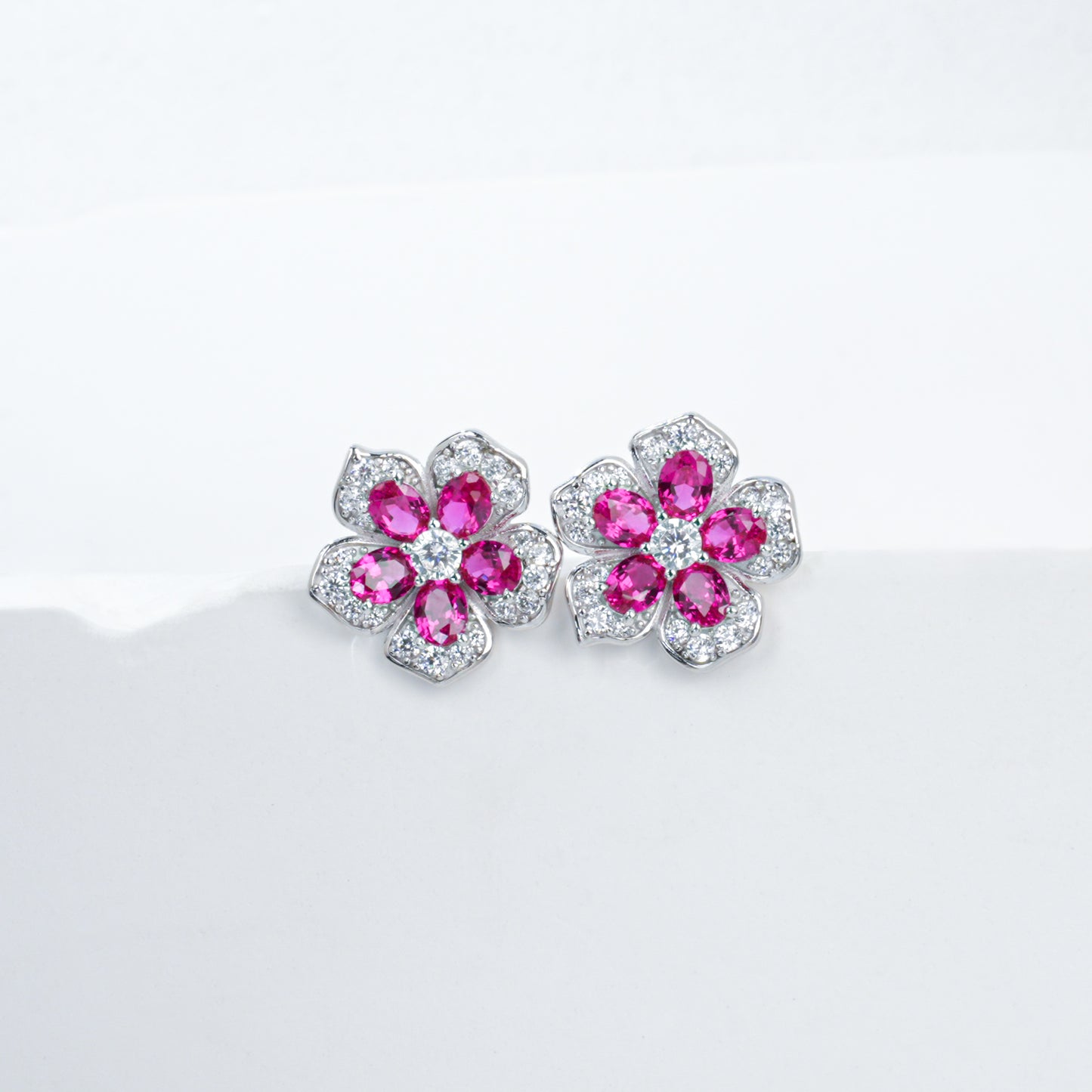 925 Sterling Silver Flower Stud Earrings, Oval Cut Lab Grown Ruby Earrings with Pave CZ
