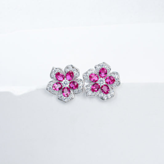 925 Sterling Silver Flower Stud Earrings, Oval Cut Lab Grown Ruby Earrings with Pave CZ